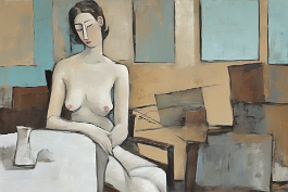 00368-[number]-1191421422-DPM++ 2M-7-thick naked lady with white underpants, portrait,doubleface, sitting on a chair,table, vase,window,tan, cyangray, ochre,black, o