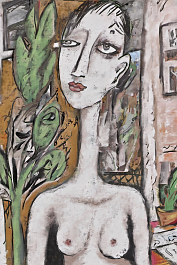 2923326582-DPM++ 2M-7-one girl portrait, white skin, nude, medium shot,, doodle, one note, letter, number, plant, window, face to the viewer, naive pa