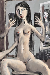 3393387674-DPM++ 2M-7-nude girl making selfie, white skin, doubleface, sitting in front of a mirror, long black hair, signs, sunlight, scribble, face