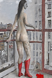 3588288057-DPM++ 2M-7-girl portrait, white skin, nude, full body,balcony, one note, letter, number, plant, window, face to the viewer, tattoo, red boo