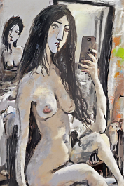 4112388102-DPM++ 2M-7-nude girl making selfie, white skin, doubleface, sitting in front of a mirror, long black hair, signs, sunlight, scribble, face