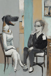 00173-[number]-965712269-DPM++ 2M-7-portrait half-length,doubleface, sitting on a chair,table, vase,window, mask, dog,turkoisegray, ochre,black, one note, signs, b