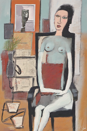 00011-[number]-3970393679-DPM++ 2M-8-frontal portrait of an lady, chair, picture frame, vase,book, signs, letter, number, minimal naive art painting, _