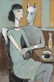 00317-[number]-3292627947-DPM++ 2M-5.5-portrait half-length,doubleface, sitting on a chair,table, vase,window, mask, dog,turkoisegray, ochre,black, one note, signs, l