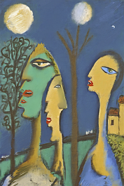 3045064271-DPM++ 2M-9-landscape,hut,tree, lipps, flower, wide view, lady with two faces, ochre-darkblue-green-tan, moon, naive painting__lora_FDandlSt